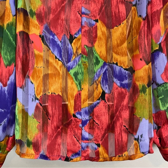 Vintage Floral Blouse Sheer Stripe Vibrant Colors Rolled Collar Eclectic Pleats - Picture 15 of 16